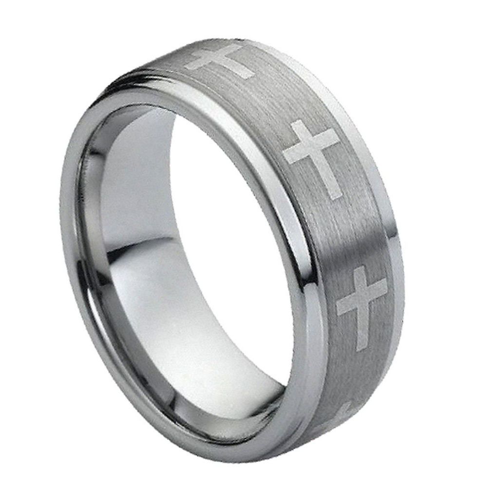 Men’s Tungsten Wedding Band – 9mm with Stepped Polished Edges, Brushed Centre & Cross Pattern