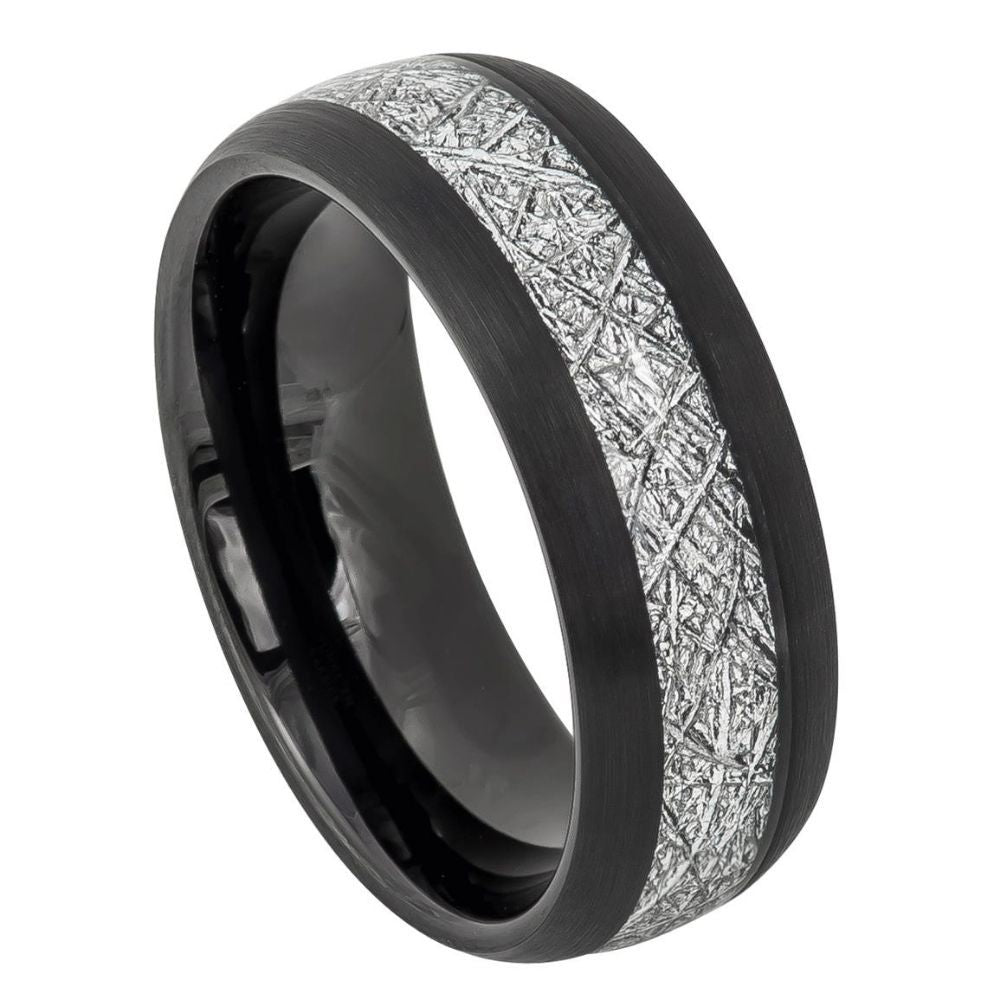 Men’s Tungsten Wedding Band – 8mm Black Meteorite Inlay