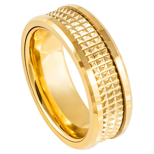 Men’s Gold Tungsten Wedding Band – 8mm with Faceted Pyramid Centre & Polished Chamfered Edges