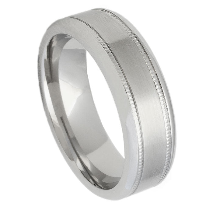 Men’s Cobalt Wedding Band – 7mm Brushed with Polished Centre Stripe, Milgrain & Polished Edges