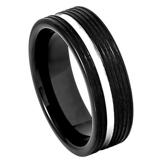 Men’s Tungsten Wedding Band – 8mm Groove Pattern with High-Polish Accent