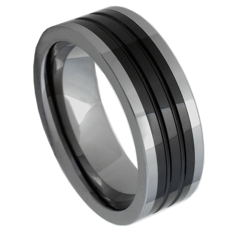 Men’s Tungsten Wedding Band – 8mm Pipe-Cut Flat Top with Wide Black Ceramic Strip and Dual Fine Grooves