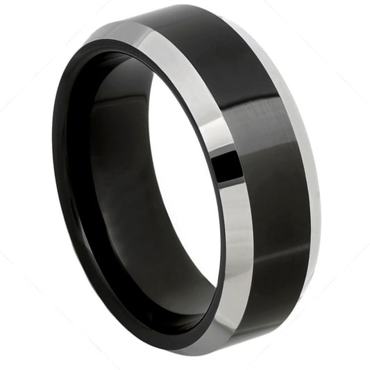 Men’s Tungsten Wedding Band – 8mm with High-Polished Black Centre and Chamfered Edges