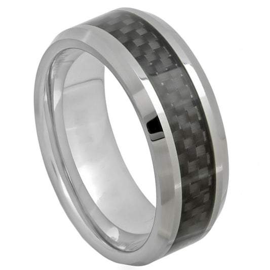 Men’s Tungsten Wedding Band – Chamfered Edges with Black Carbon Fibre Inlay