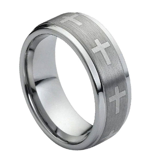 Men’s Tungsten Wedding Band – 9mm with Stepped Polished Edges, Brushed Centre & Cross Pattern