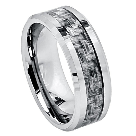 Men’s Tungsten Wedding Band – 8mm with Grey Carbon Fibre Inlay and Chamfered Edges