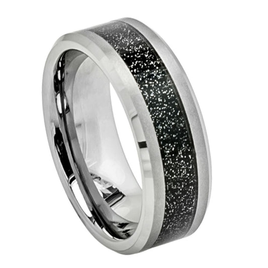 Men’s Tungsten Wedding Band – 8mm Chamfered Black Carbon Fibre Inlay
