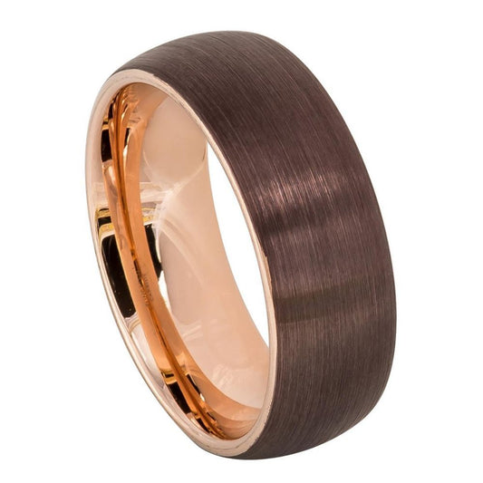 Men’s Tungsten Wedding Band – 8mm Domed Brushed Brown Exterior with Rose Interior