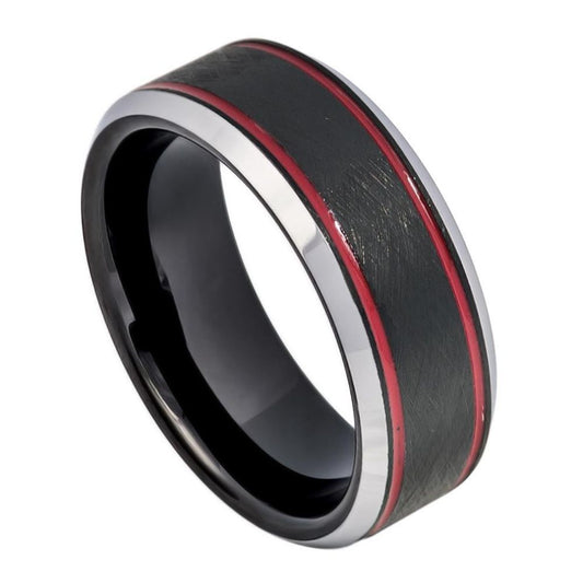 Men’s Tungsten Wedding Band – 8mm Black Centre with Red Stripe & Polished Chamfered Sides