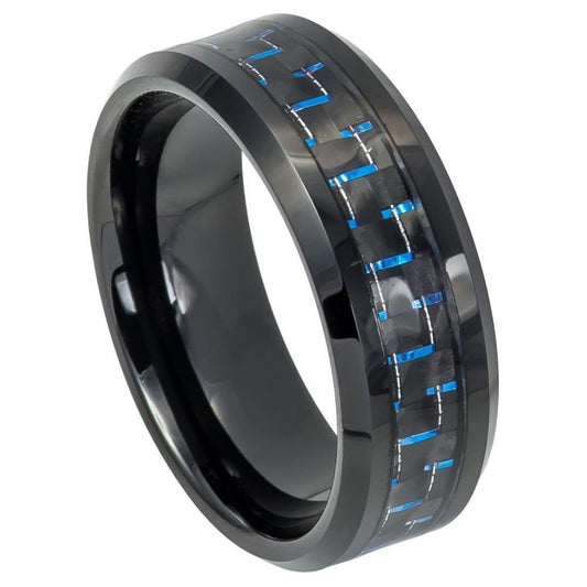 Men’s Tungsten Wedding Band – 8mm Blue Carbon Fibre Inlay, Chamfered Edge