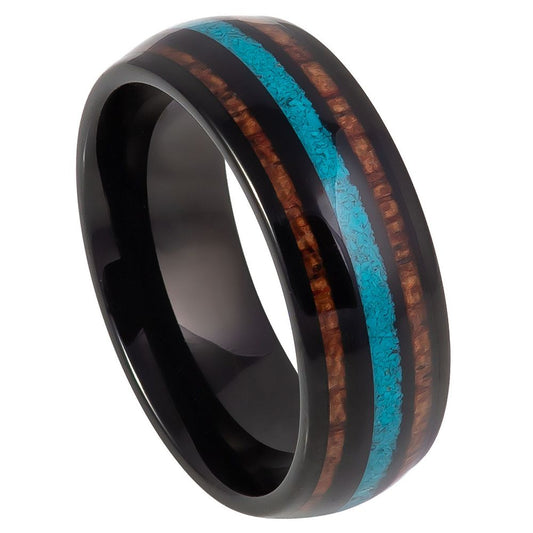 Men’s Tungsten Wedding Band – 8mm with Koa Wood & Crushed Turquoise Inlays