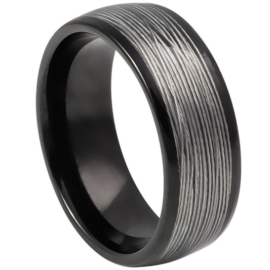 Men’s Black Tungsten Wedding Band – 8mm Domed with Steel Wire Accent