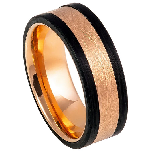 Men’s Tungsten Wedding Band – 8mm Forged Carbon Fiber Sides with Rose Gold Centre