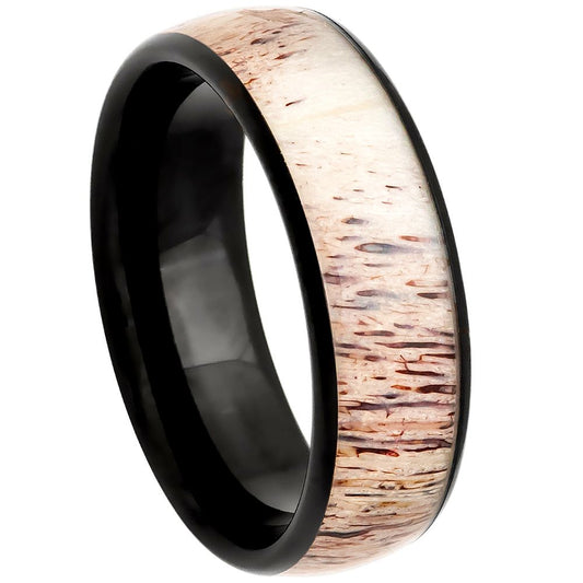 Men’s Black Tungsten Wedding Band – 8mm Domed with Real Deer Antler Inlay