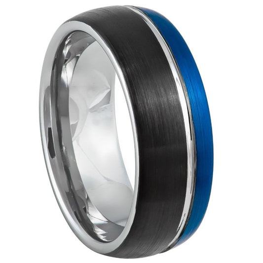 Men’s Tungsten Wedding Band – Domed Three-Tone Natural, Blue & Black with Faceted Brushed Grooved Centre