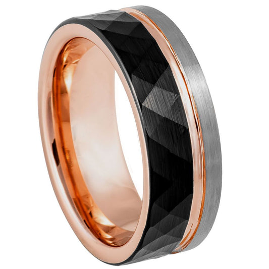 Men’s Tungsten Wedding Band – 8mm Black Hammered with Rose Accent and Yellow Interior