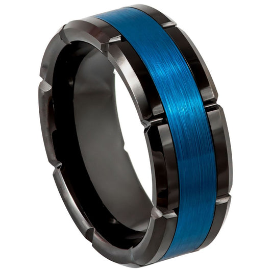 Men’s Tungsten Wedding Band – 8mm Blue Center, Heavyweight