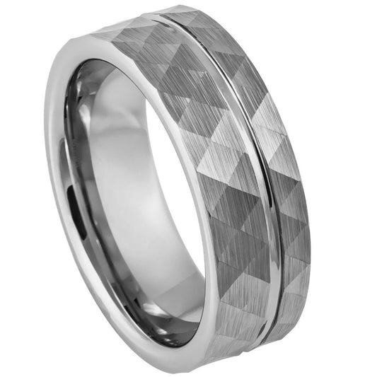 Men’s Tungsten Wedding Band – 8mm Faceted with Off-Centre Groove