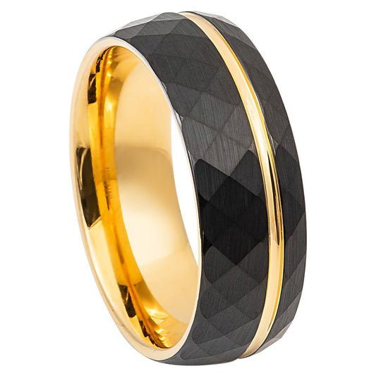 Men’s Tungsten Wedding Band – 8mm Domed Facetted Yellow Gold Black Finish