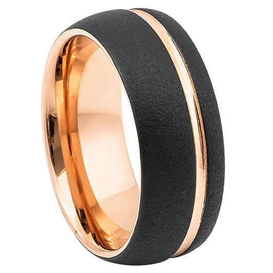 Men’s Tungsten Wedding Band – 8mm Domed Rose Gold Black Sandblasted Finish