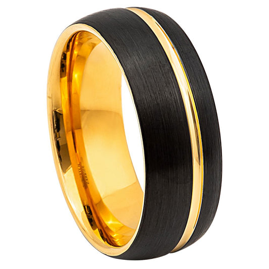 Men’s Tungsten Wedding Band – 8mm Domed Yellow Gold  Black Sandblasted Finish