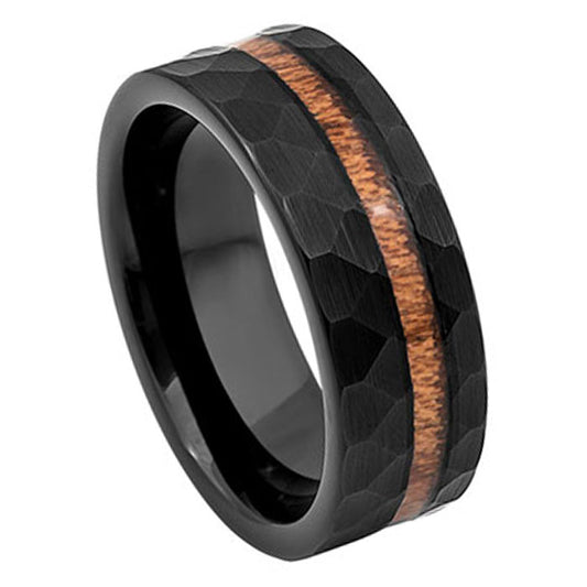 Men’s Tungsten Wedding Band – 8mm Faceted Black Hammered with Hawaiian Koa Wood Inlay