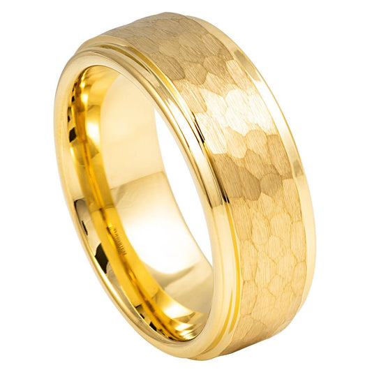 Men’s Gold Tungsten Wedding Band – 8mm Hammered Finish with Polished Edge