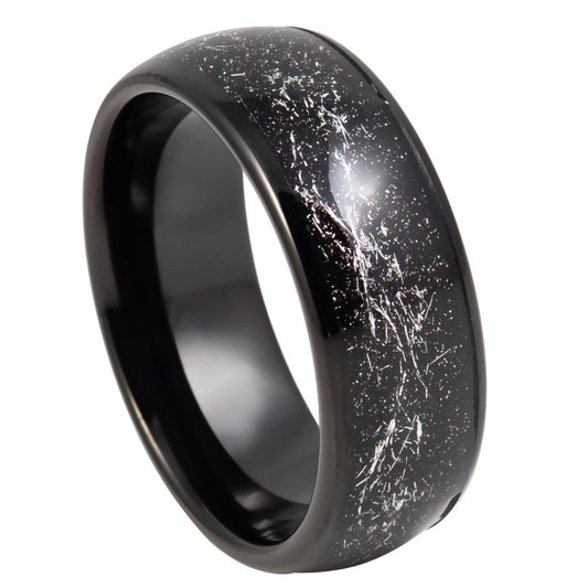 Men’s Tungsten Wedding Band – 8mm Domed with Meteorite Inlay