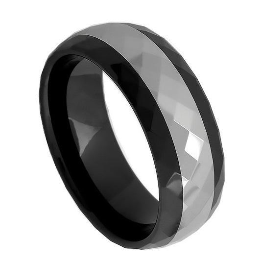 Men’s Tungsten & Ceramic Wedding Band – 8mm Faceted Finish