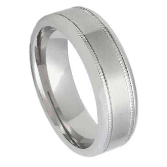 Men’s Cobalt Wedding Band – 7mm Brushed with Polished Centre Stripe, Milgrain & Polished Edges