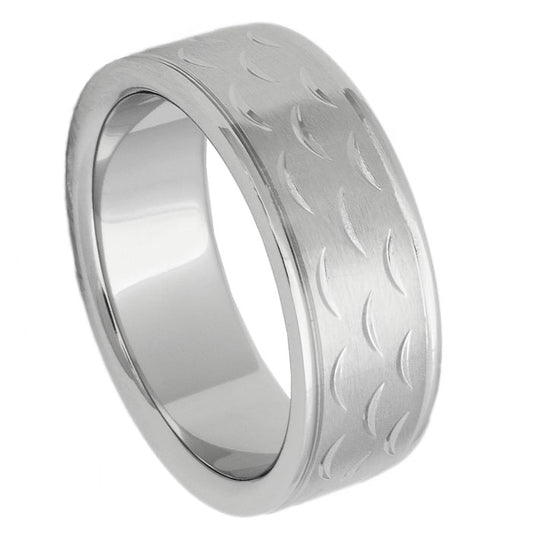 Men’s Cobalt Wedding Band – 8mm Flat Profile with Brushed Finish, Stepped Edges & Cutout Detail