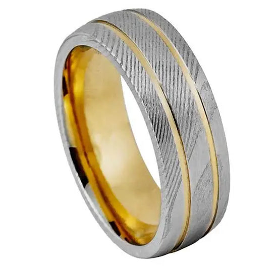 8mm Damascus Steel Ring – Yellow-Toned Double Grooves