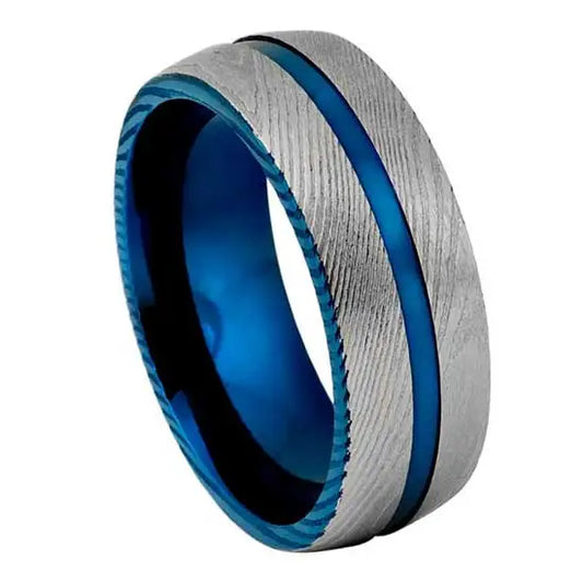8mm Damascus Steel Ring – Blue IP Inner Shank & Centre Groove