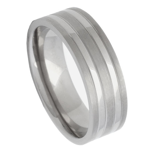 Men’s Titanium Wedding Band – 7mm Brushed Finish with Dual Polished Strips