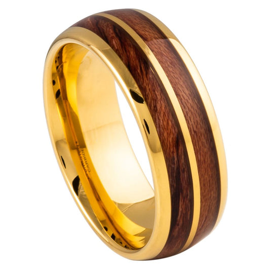 Men’s Tungsten Wedding Band – 8mm Yellow Finish with Split Koa Wood Inlay