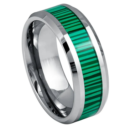 8mm Tungsten Ring – Bevelled Edge with Fabricated Malachite Inlay