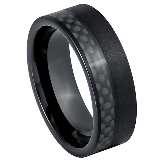 Men’s Black Tungsten Wedding Band – 8mm Flat Profile with Black Carbon Fibre Inlay