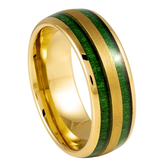 8mm Tungsten Ring – Yellow Domed Finish with Jade Green Wood Inlay