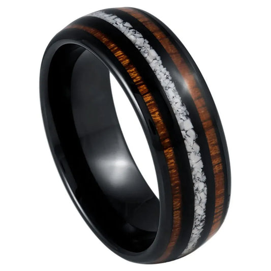 8mm Tungsten Ring – Black Finish with Koa Wood &amp; Crushed White Turquoise Inlay