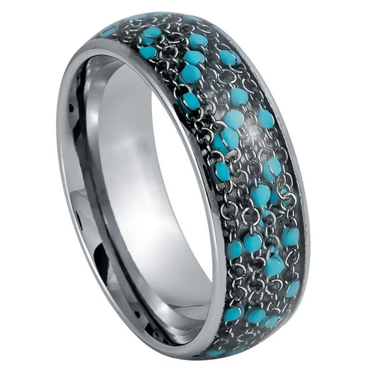 8mm Tungsten Ring – Domed Edge with Cable Chain & Blue Beads Inlay