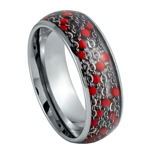 8mm Tungsten Ring – Domed Edge with Cable Chain & Red Bead Inlay