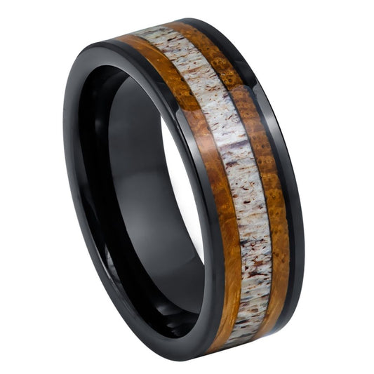 8mm Black Tungsten Ring with Whiskey Barrel & Deer Antler Inlay