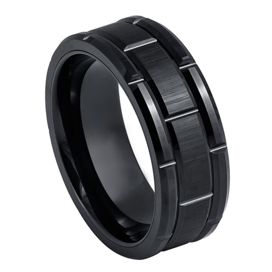 Men’s Black Tungsten Wedding Band – 8mm with Brick Pattern