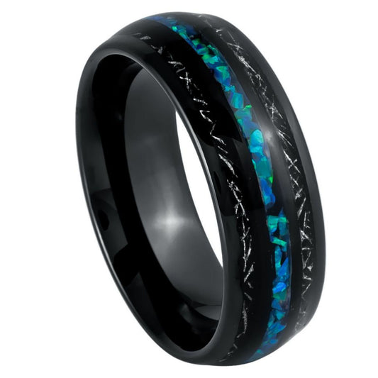 Men’s Black Tungsten Wedding Band – 8mm with Titanium Shavings & Opal Inlay