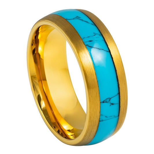 Men’s Gold Tungsten Wedding Band – 8mm with Narrow Turquoise Inlay