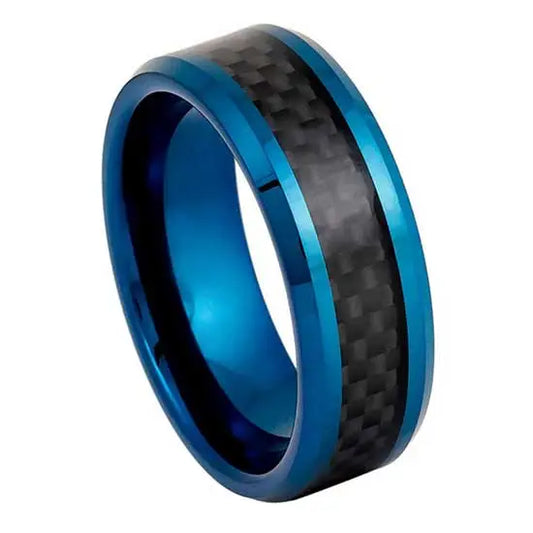 8mm Tungsten Ring – Blue Finish with Bevelled Edge & Black Carbon Fibre Inlay