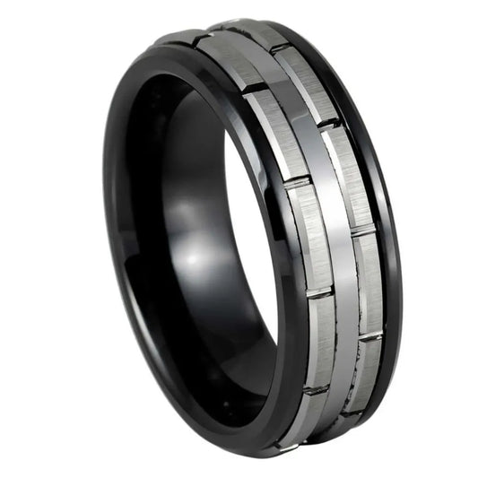 8mm Tungsten Ring – Two-Tone Black Finish with Multiple Grooves Pattern