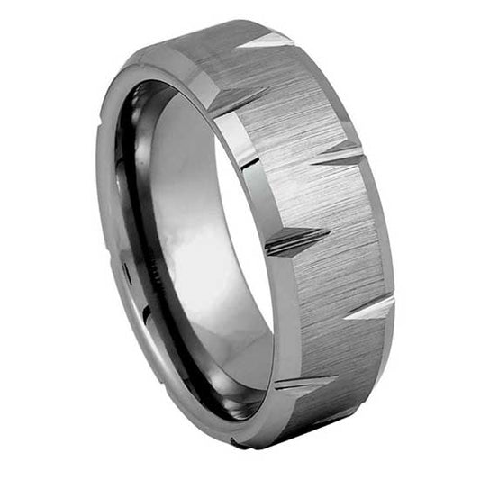 Men’s Tungsten Wedding Band – 8mm Brushed with Chamfered Edges and Pointed Side Cuts