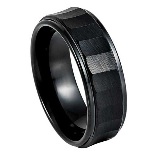 Men’s Black Tungsten Wedding Band – 8mm with Stepped Edges & Scalloped Pattern