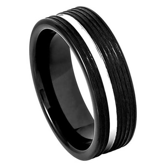 Men’s Tungsten Wedding Band – 8mm Groove Pattern with High-Polish Accent